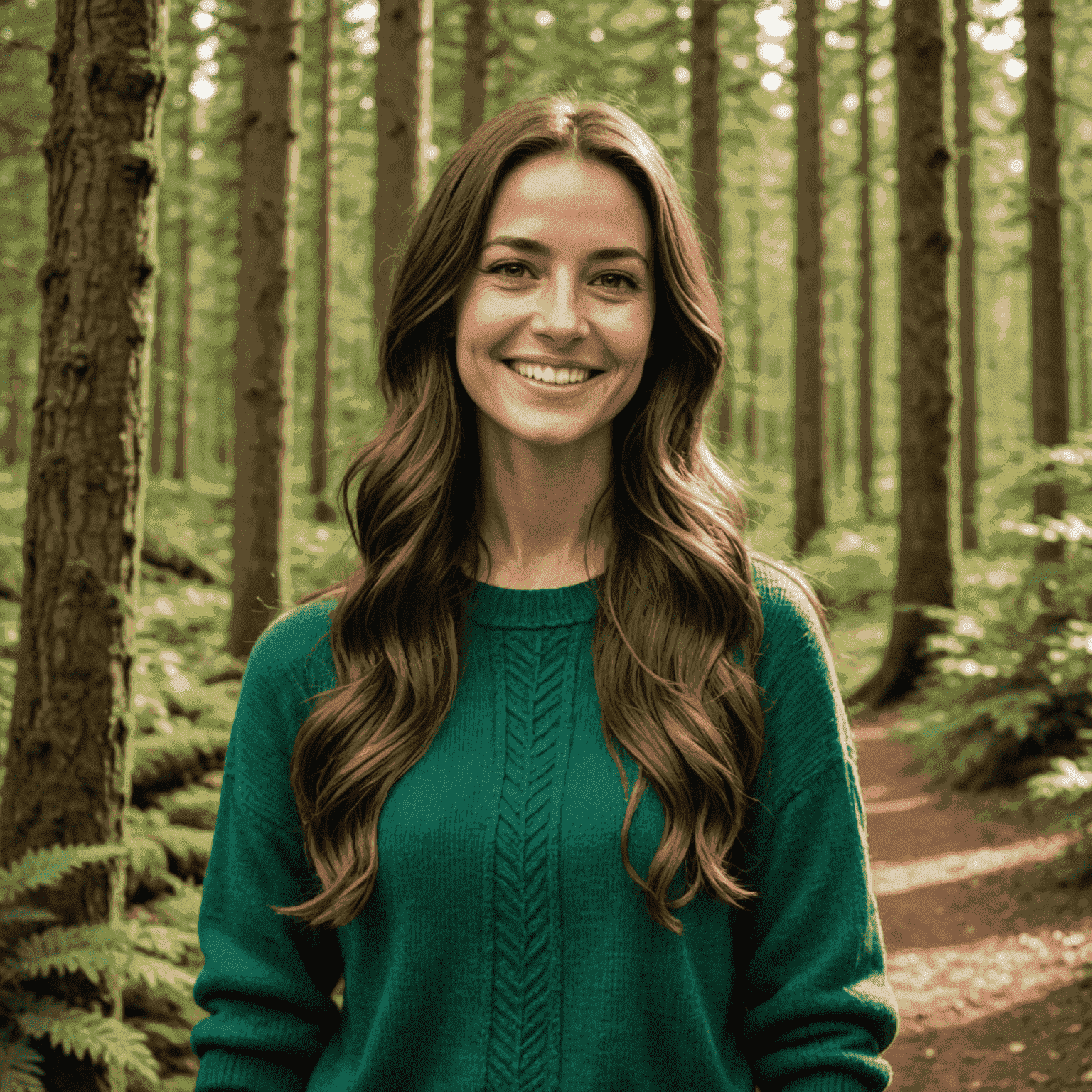 A smiling woman with long brown hair, wearing a green sweater, standing in a lush Canadian forest. She has a warm and friendly expression, embodying the natural and welcoming spirit of the blog.