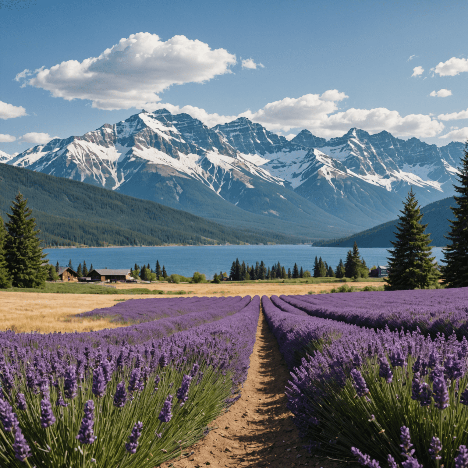 A serene Canadian landscape featuring a field of lavender in the foreground with snow-capped mountains in the background, symbolizing the natural beauty and resources of Canada