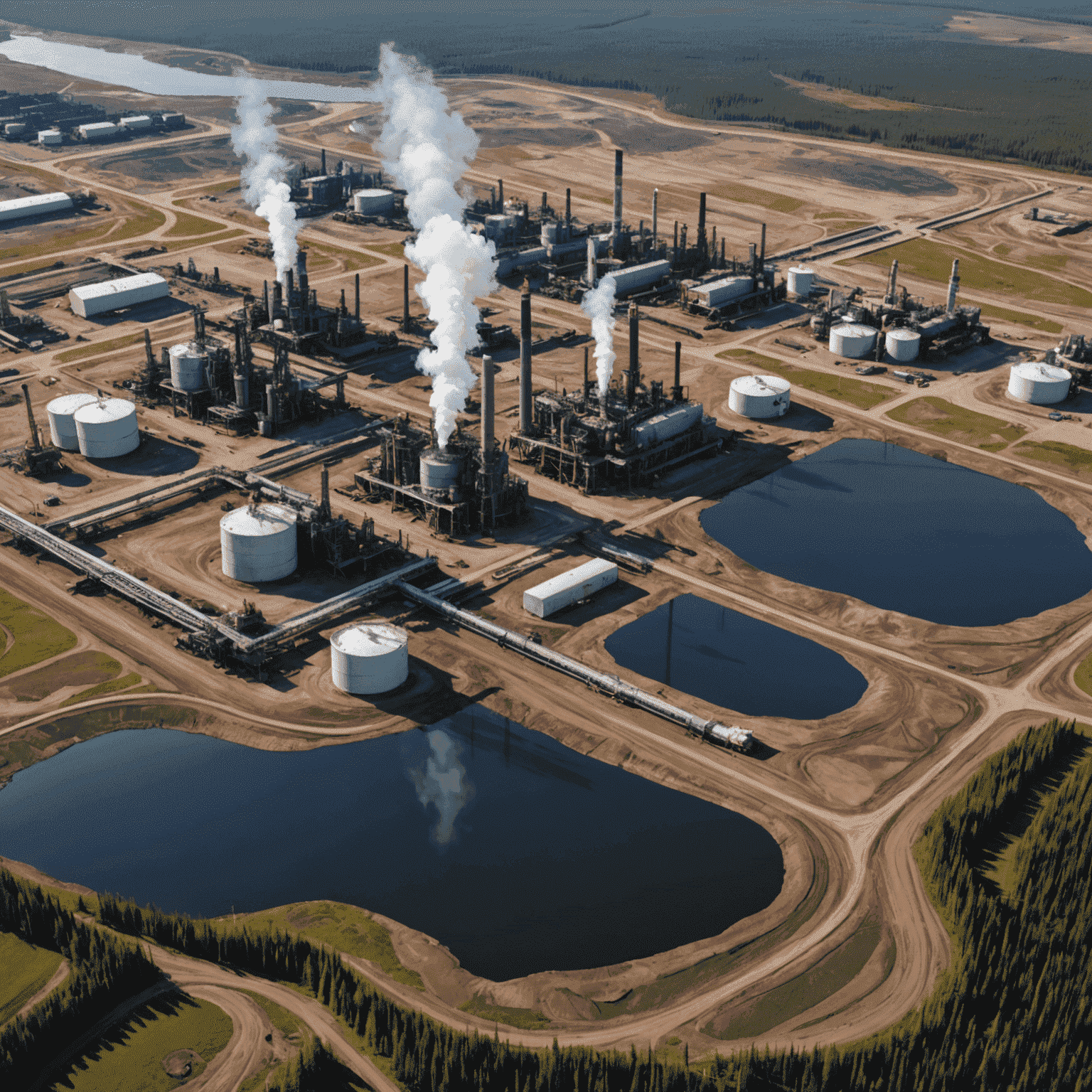 Aerial view of Canadian oil sands with extraction facilities and natural landscape