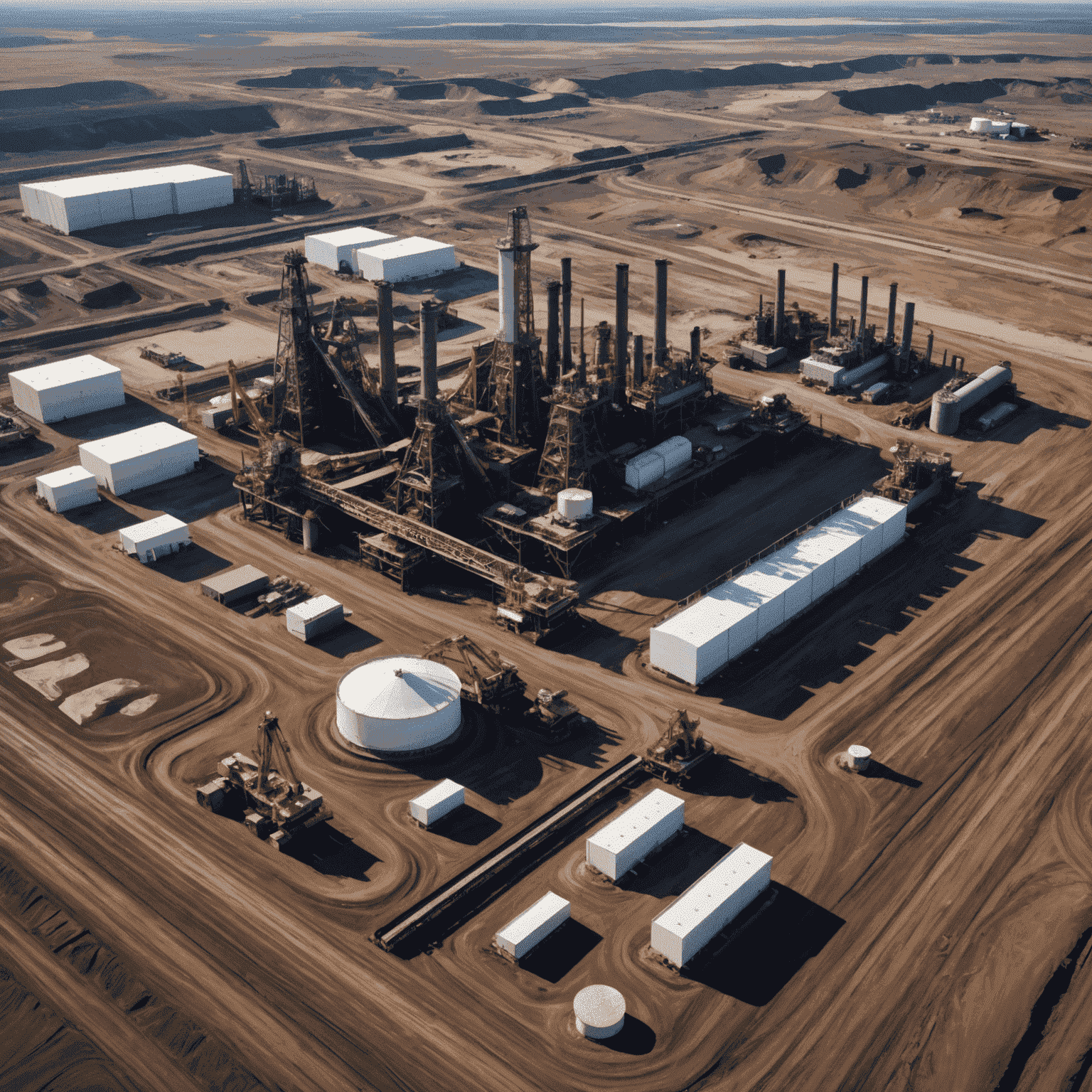 Aerial view of Canadian oil sands extraction site with vast landscape of excavated earth, heavy machinery, and processing facilities