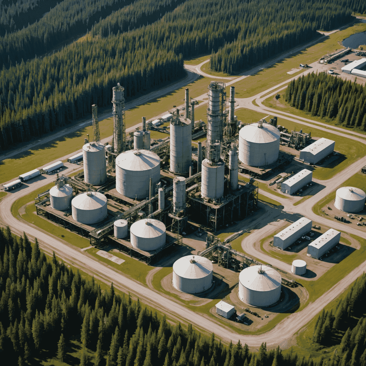 Aerial view of an oil production facility in the Canadian wilderness, showing the contrast between industrial structures and pristine nature