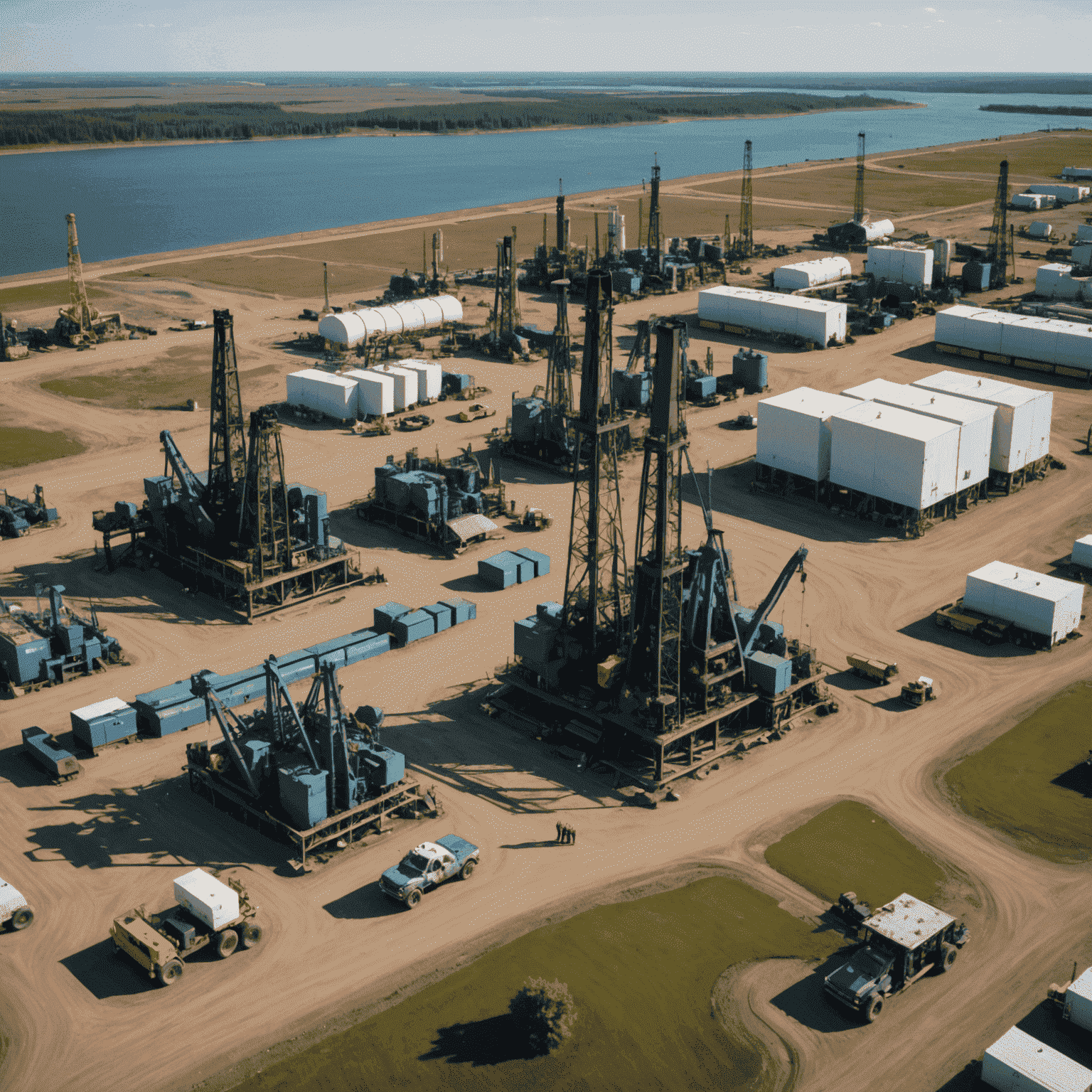 Aerial view of a Canadian oil field with workers and equipment, showcasing the scale of the industry