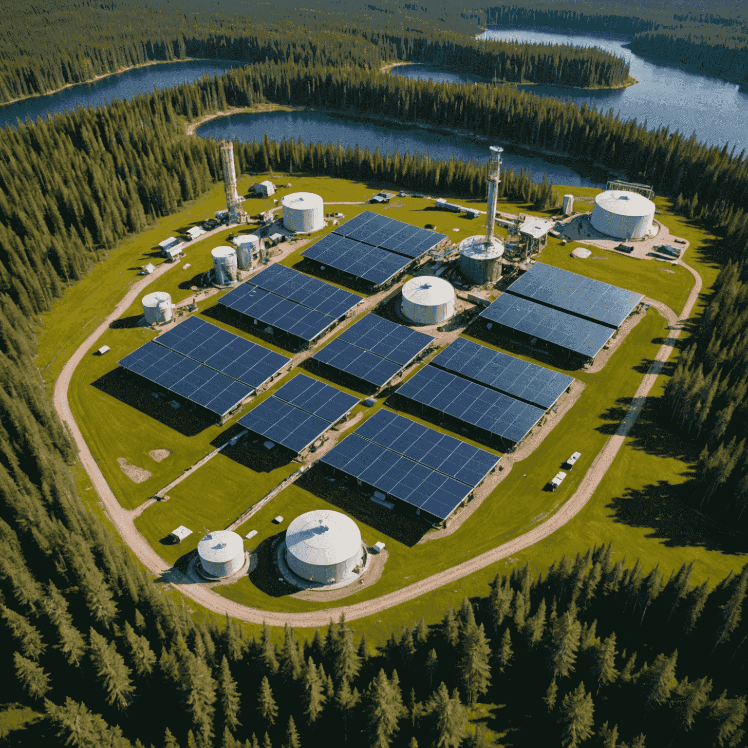 Aerial view of a modern, eco-friendly oil extraction facility in the Canadian wilderness, showcasing solar panels, green spaces, and advanced filtration systems