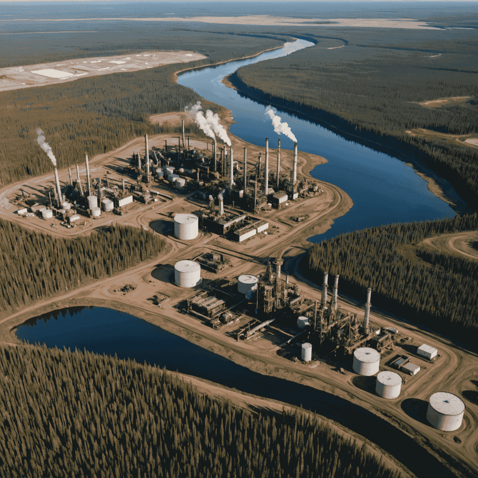 Aerial view of Canadian oil sands with modern extraction facilities and surrounding boreal forest, showcasing the contrast between industry and nature