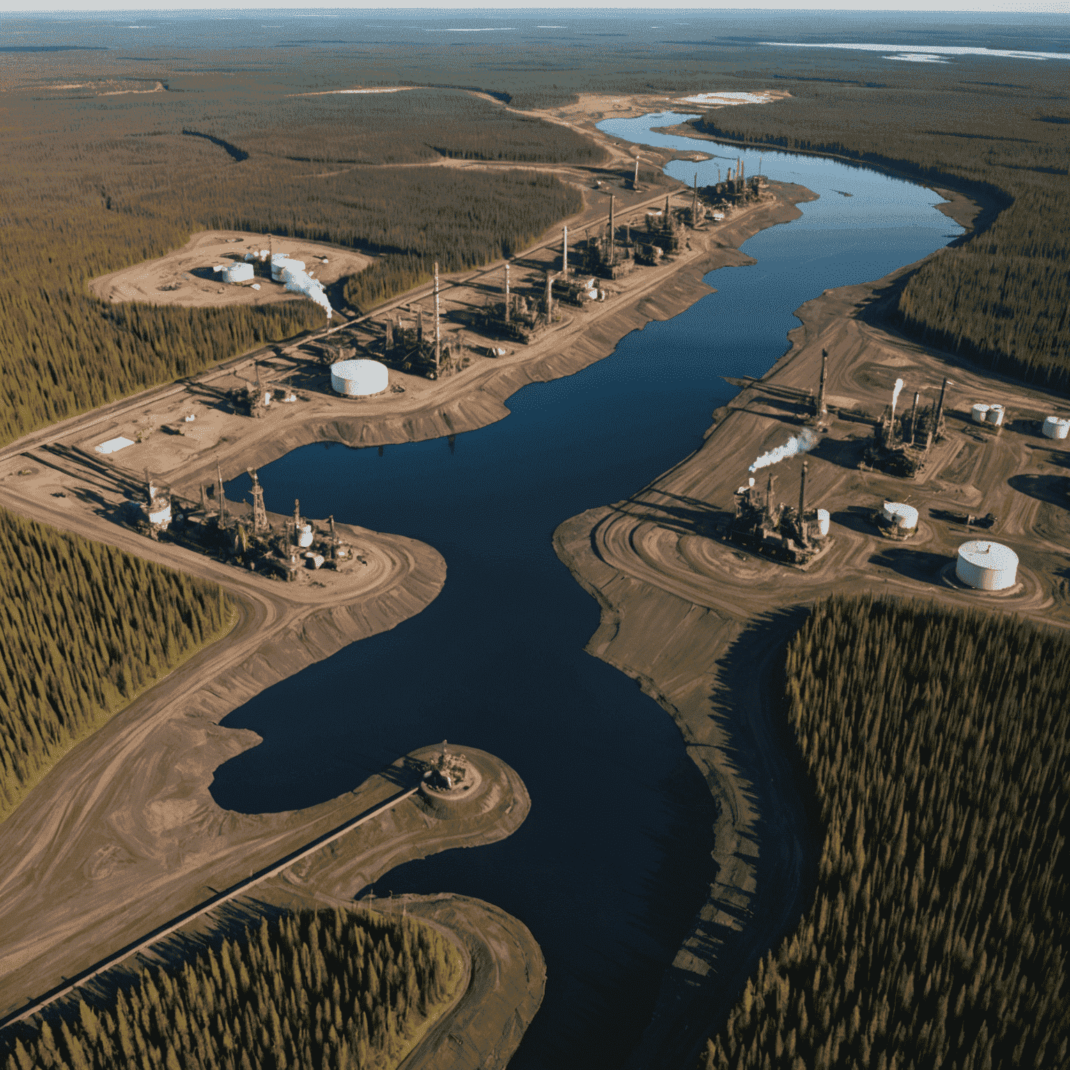 Aerial view of Canadian oil sands with vast expanse of extraction sites, surrounded by boreal forest