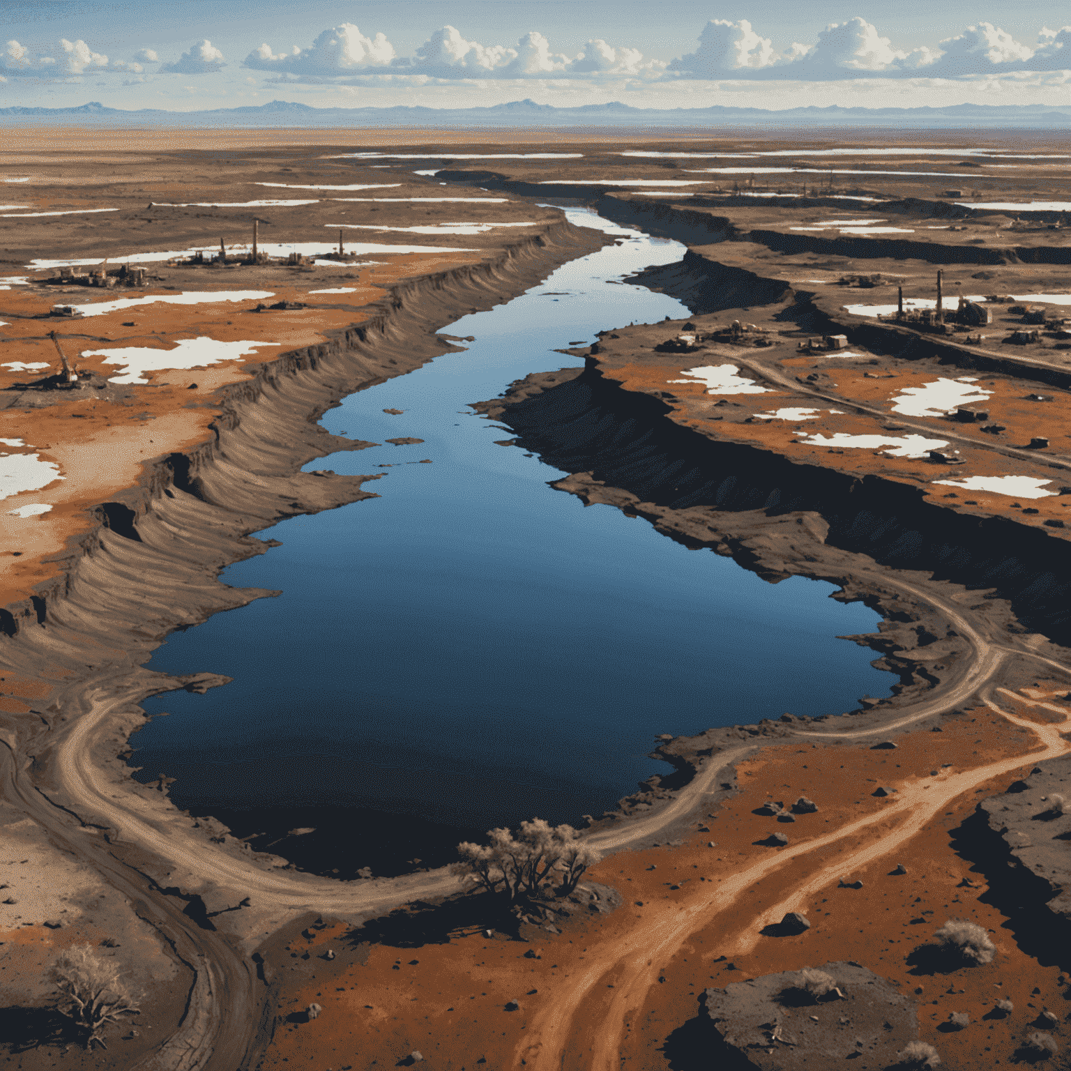 Natural landscape affected by oil production, showing contrast between untouched and impacted areas