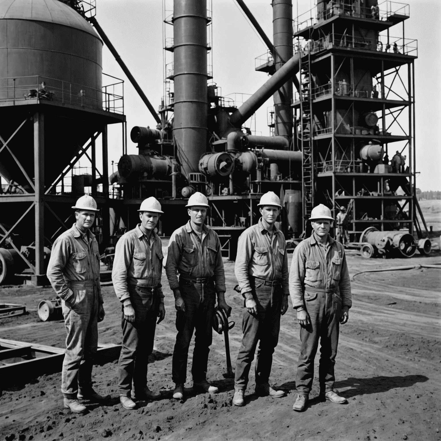 Historical black and white photograph of early oil sands extraction equipment and workers from the 1960s