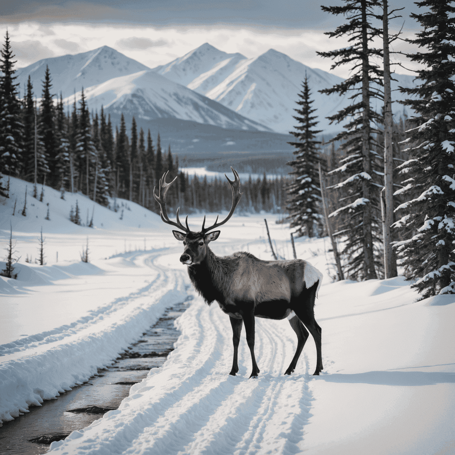 A lone caribou standing near an oil pipeline in a snowy Canadian landscape, symbolizing the impact on wildlife