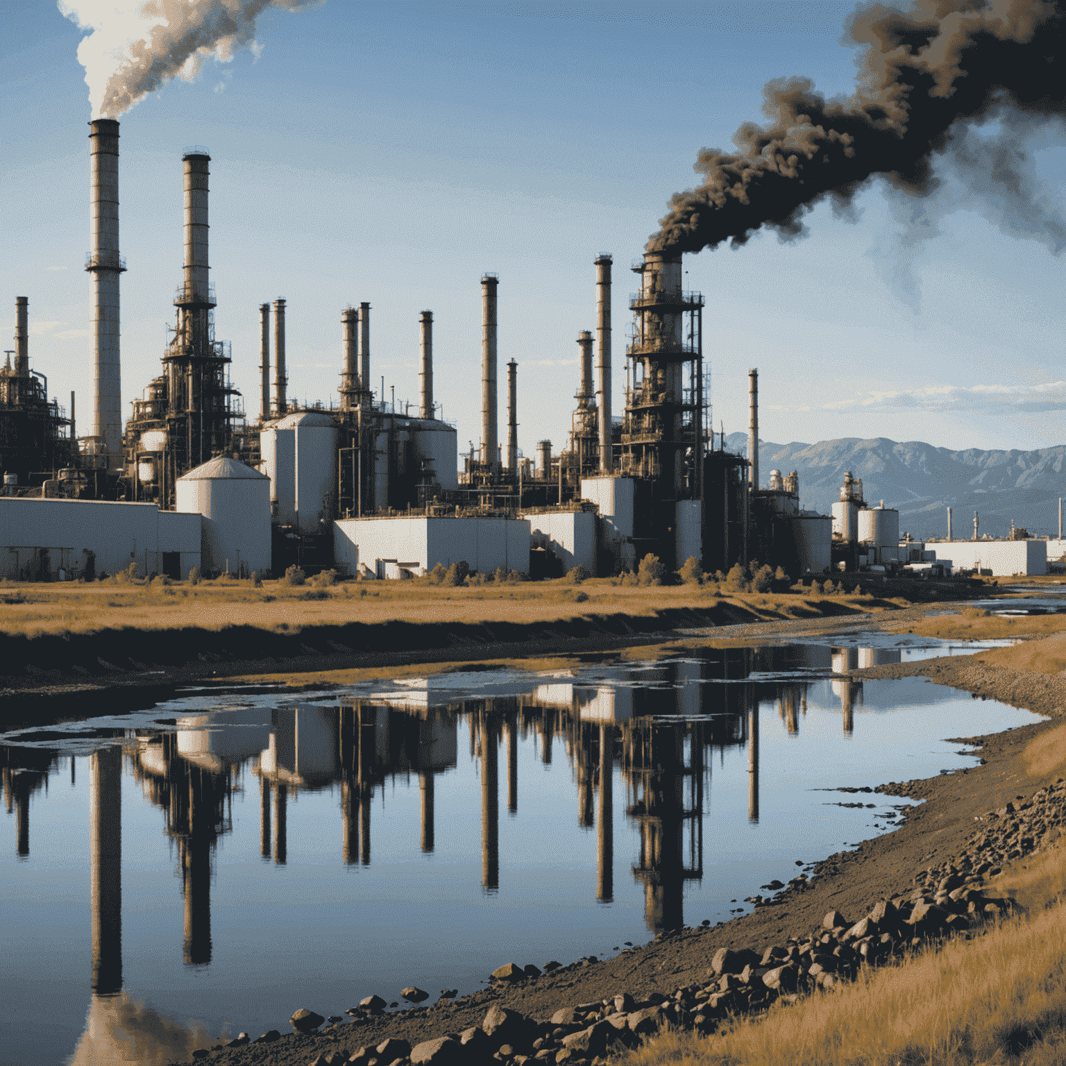 Split image showing Canadian oil refinery on one side and a pristine natural landscape on the other, symbolizing the balance between industry and environmental preservation