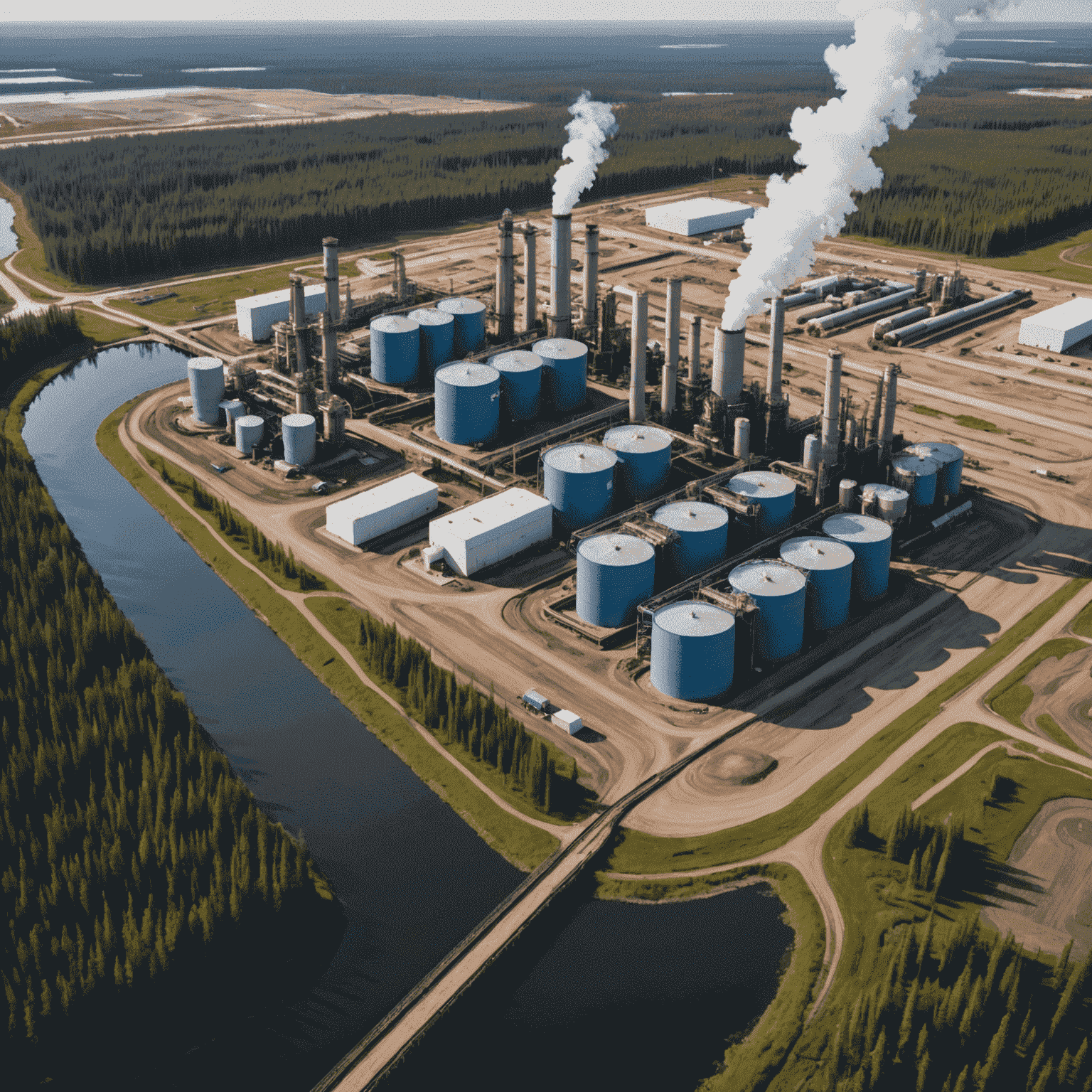 Modern oil sands facility with advanced environmental protection measures, including water treatment plants and reforestation projects