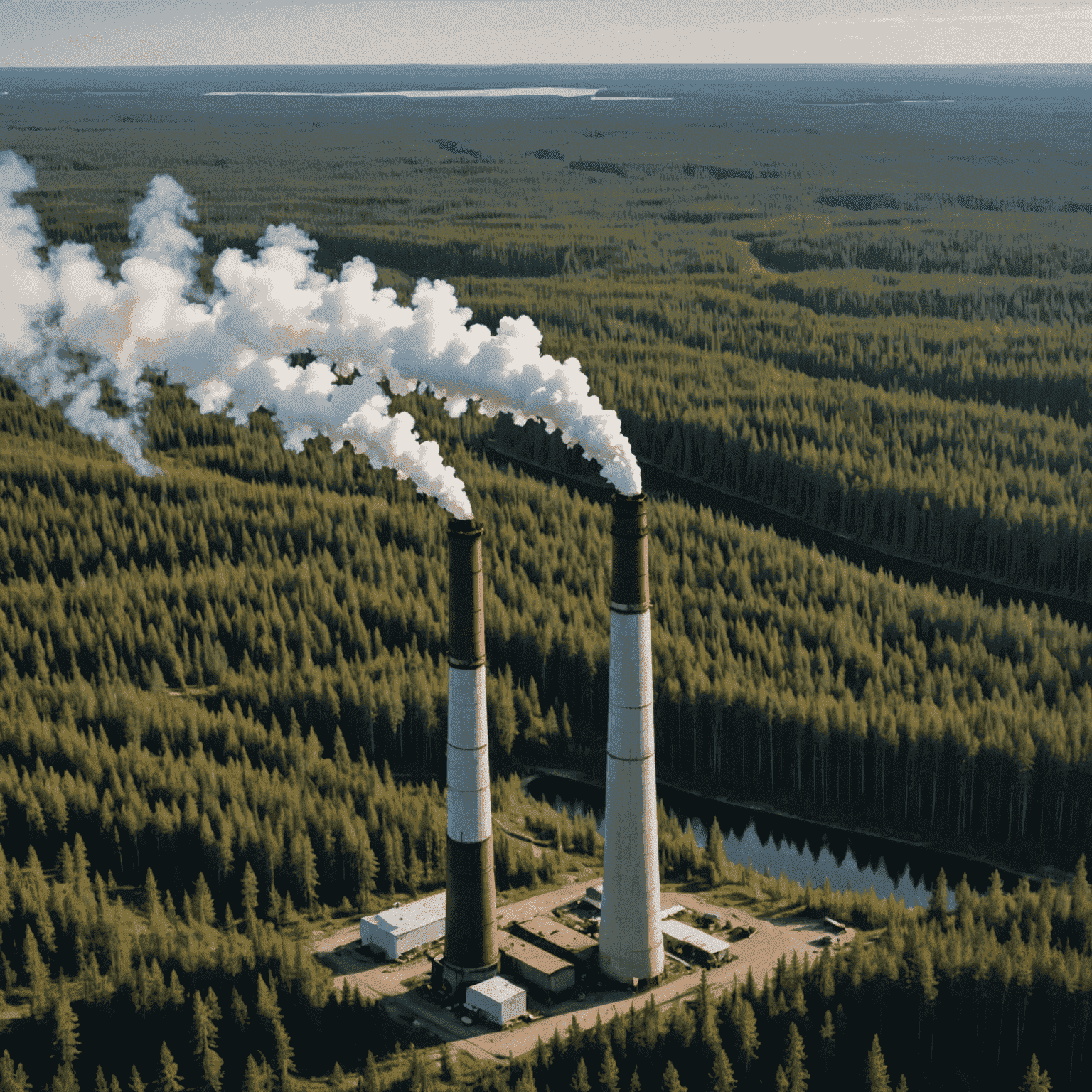 A smokestack emitting pollutants against a backdrop of Canadian boreal forest, illustrating air quality issues