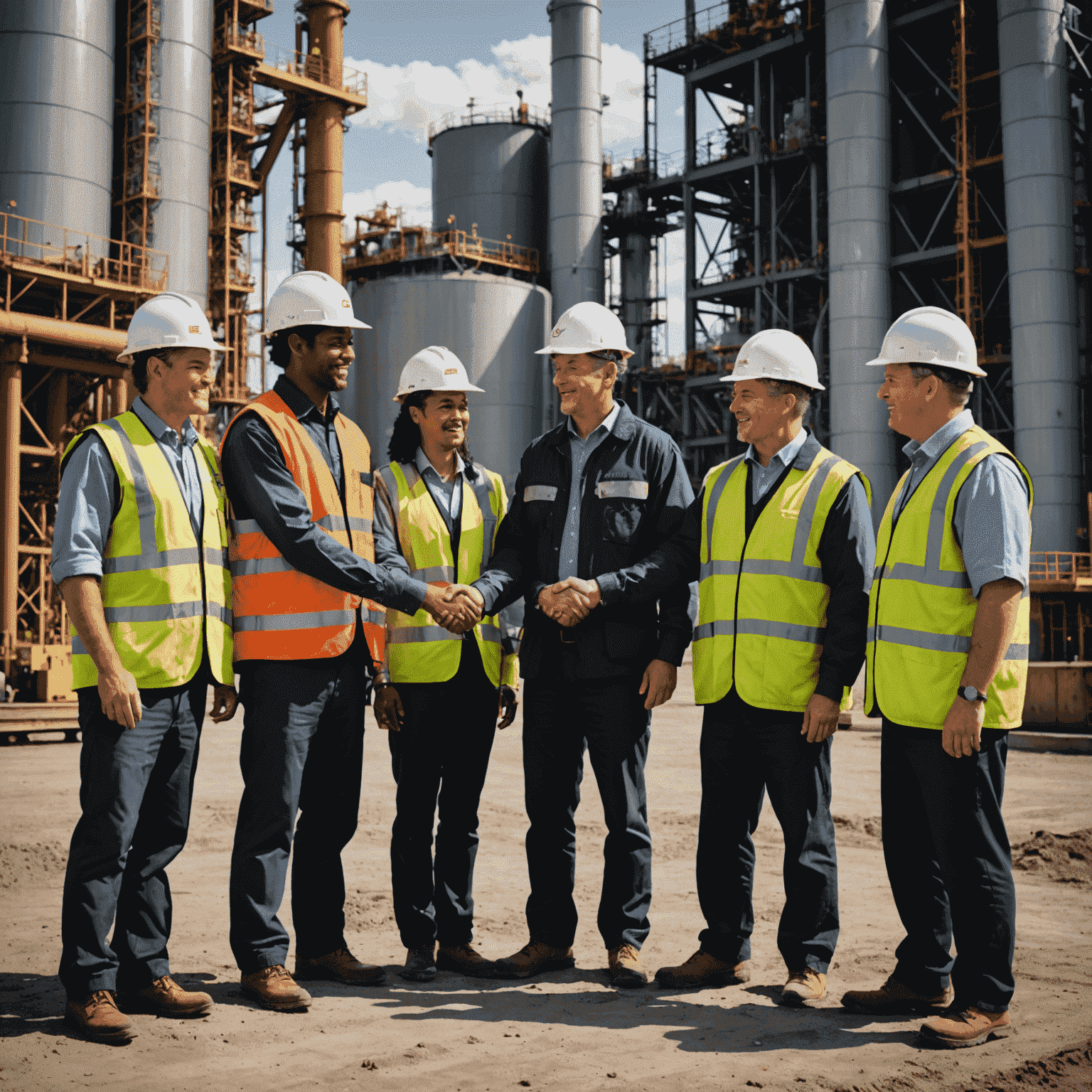 Group of diverse Canadian oil industry workers and Indigenous leaders shaking hands in front of an oil facility, representing collaboration and partnership