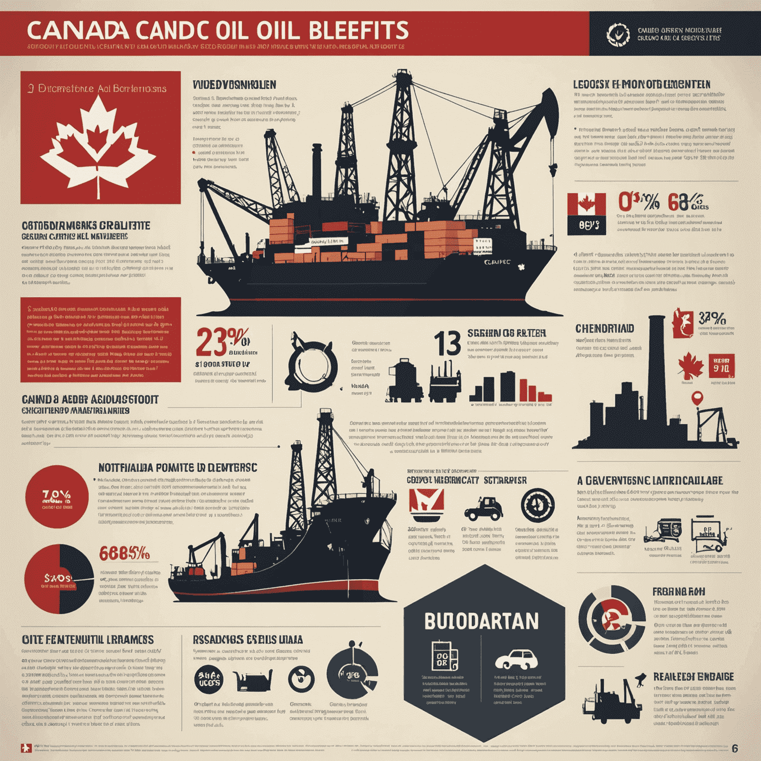 Infographic showing various economic benefits of Canada's oil industry including job creation and trade