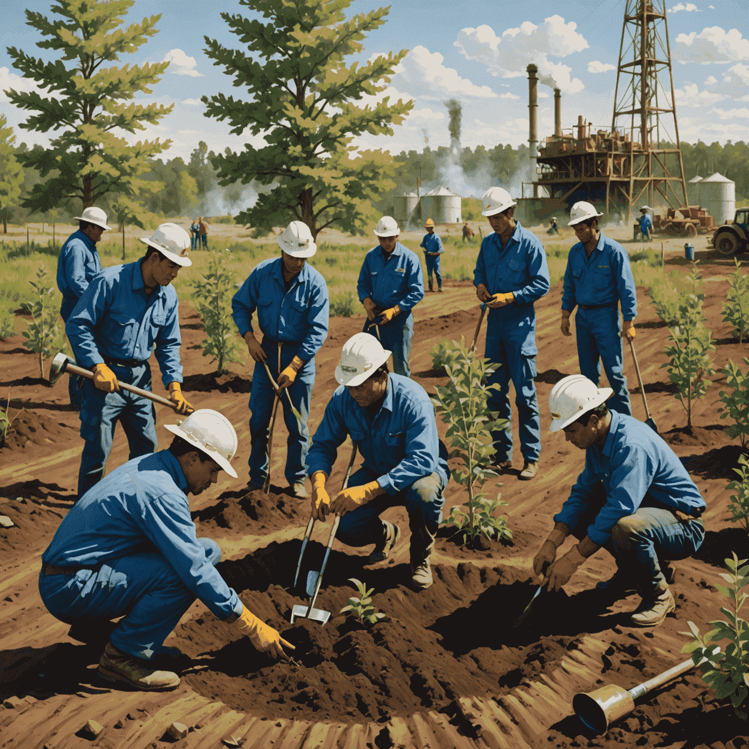 A group of oil industry workers and environmentalists planting native trees in a restored area adjacent to an oil extraction site